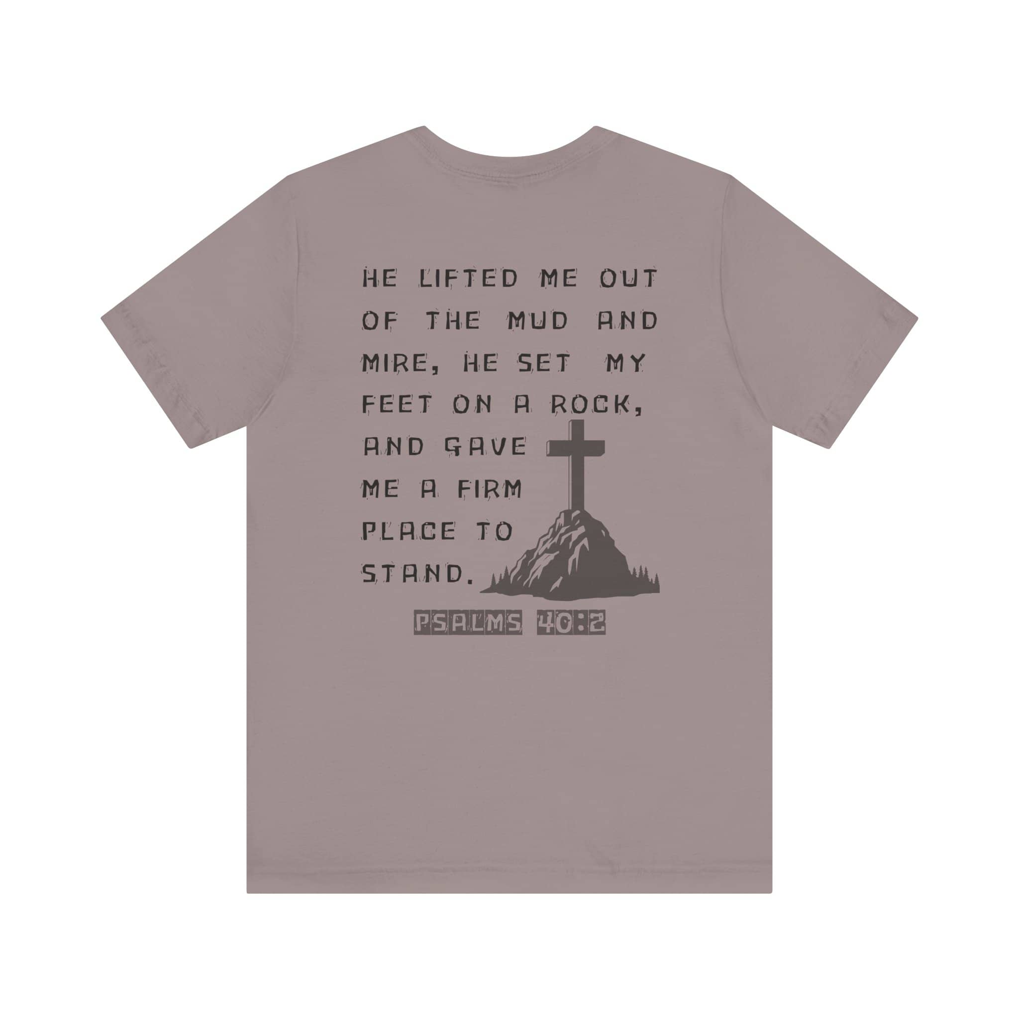 Logos Co. Christian graphic t shirt with Psalm 40 2 scripture and cross design on back