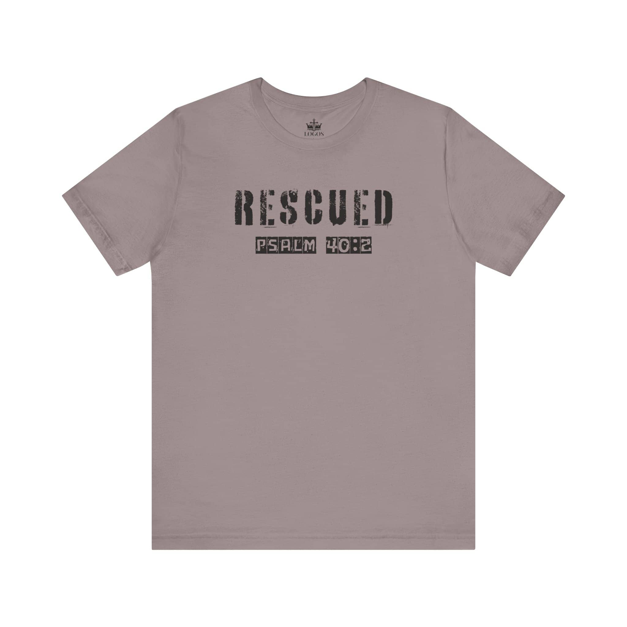 Logos Christian graphic t shirt in gray with rescued Psalm 40:2 text design