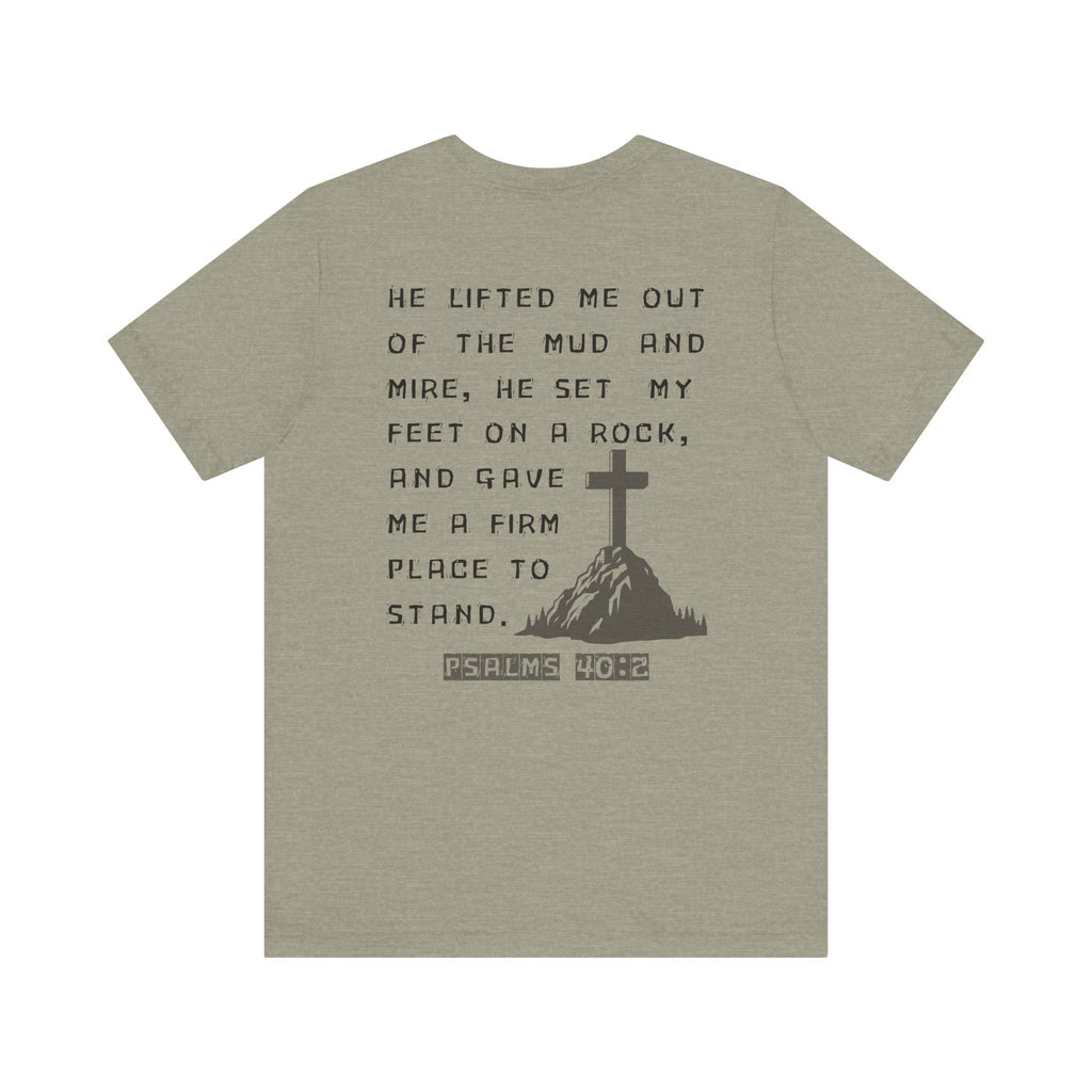 Logos Christian graphic t shirt with Psalm 40 verse and cross design on back in gray