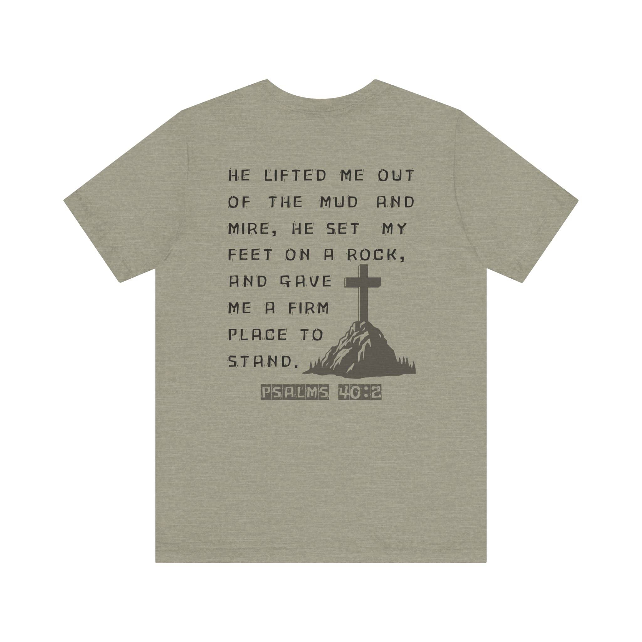 Logos Christian graphic t shirt with Psalm 40 verse and cross design on back in gray