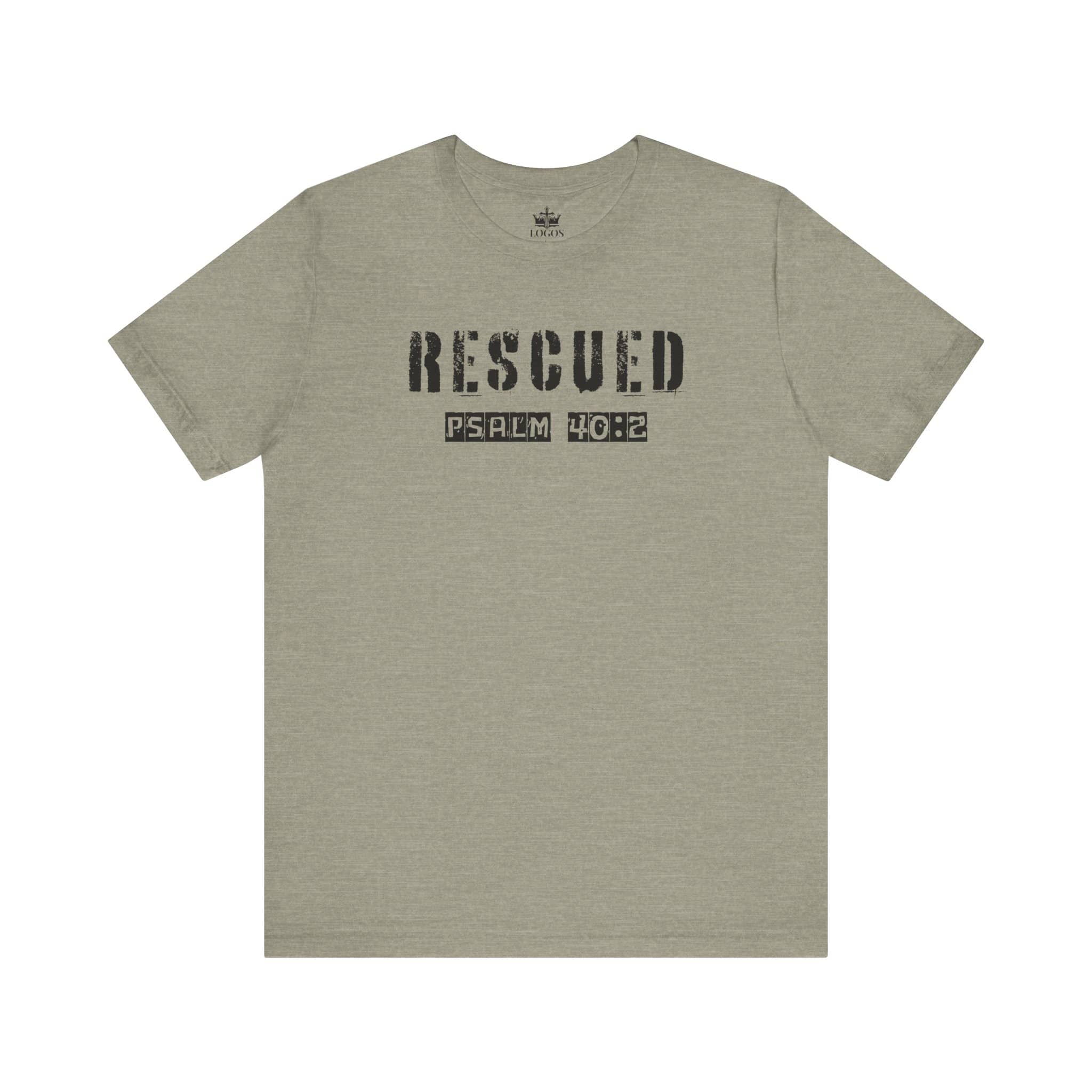 Logos Christian graphic t shirt with Rescued Psalm 40:2 text in black on gray fabric