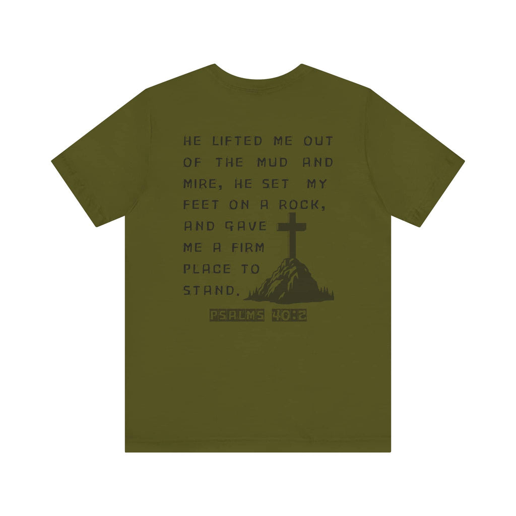 Logos Co. olive green Christian graphic t shirt with Psalm 40:2 Bible verse and cross design