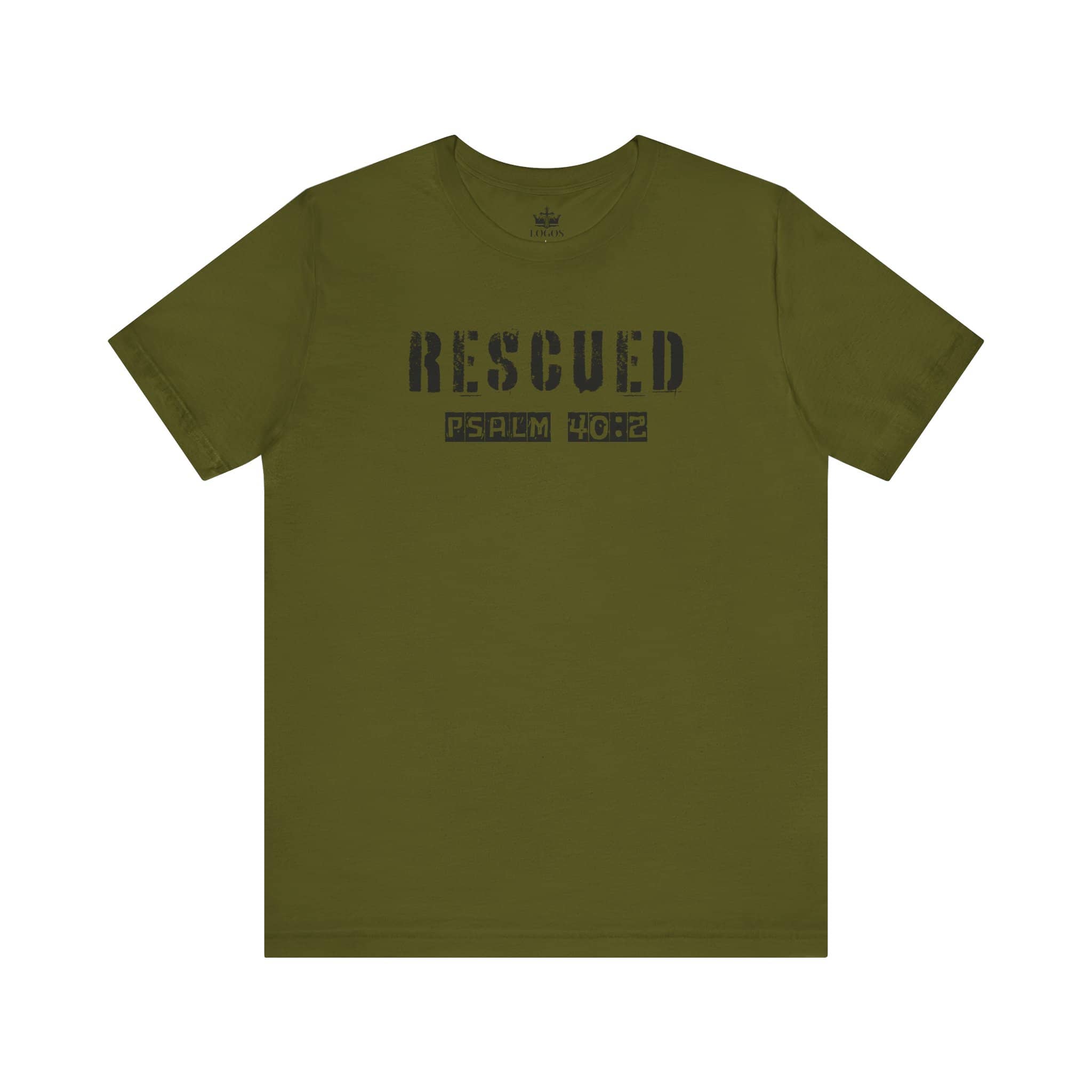 Olive green Logos Christian graphic t shirt with Rescued Psalm 40:2 text design