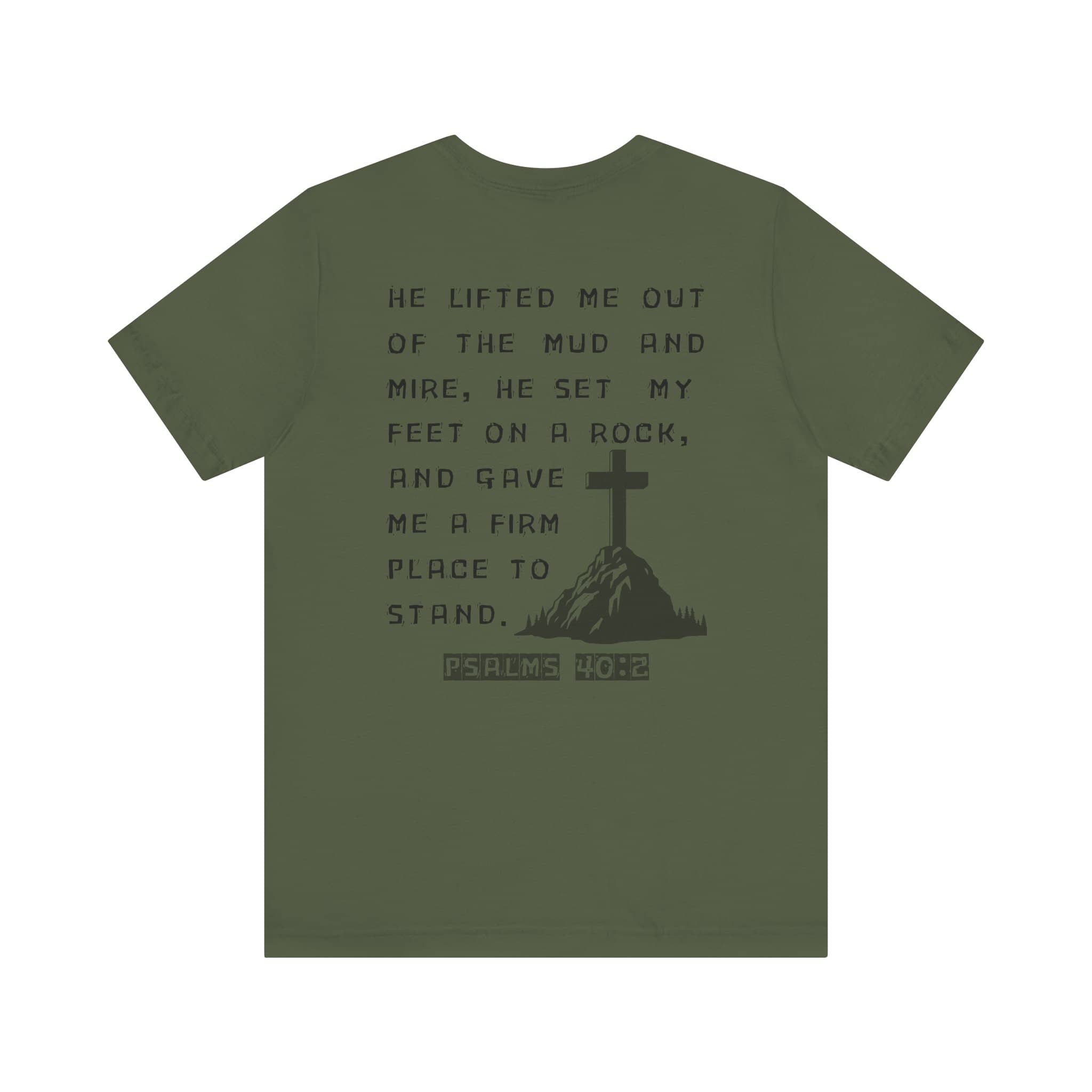 Logos Christian graphic t shirt in olive green with Psalm 40 verse and cross design