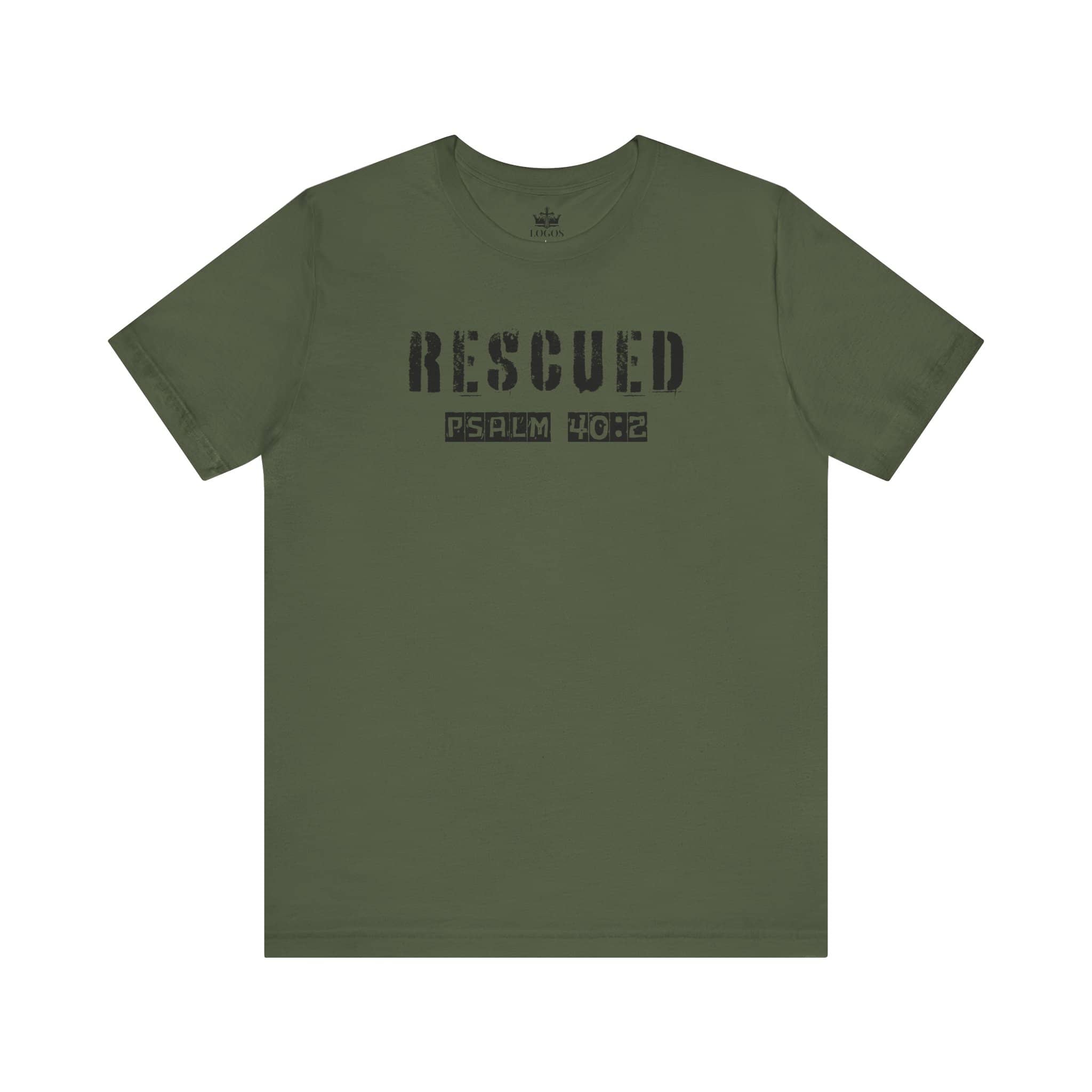 Olive green Logos Co. Christian graphic t shirt with Rescued Psalm 40:2 text design