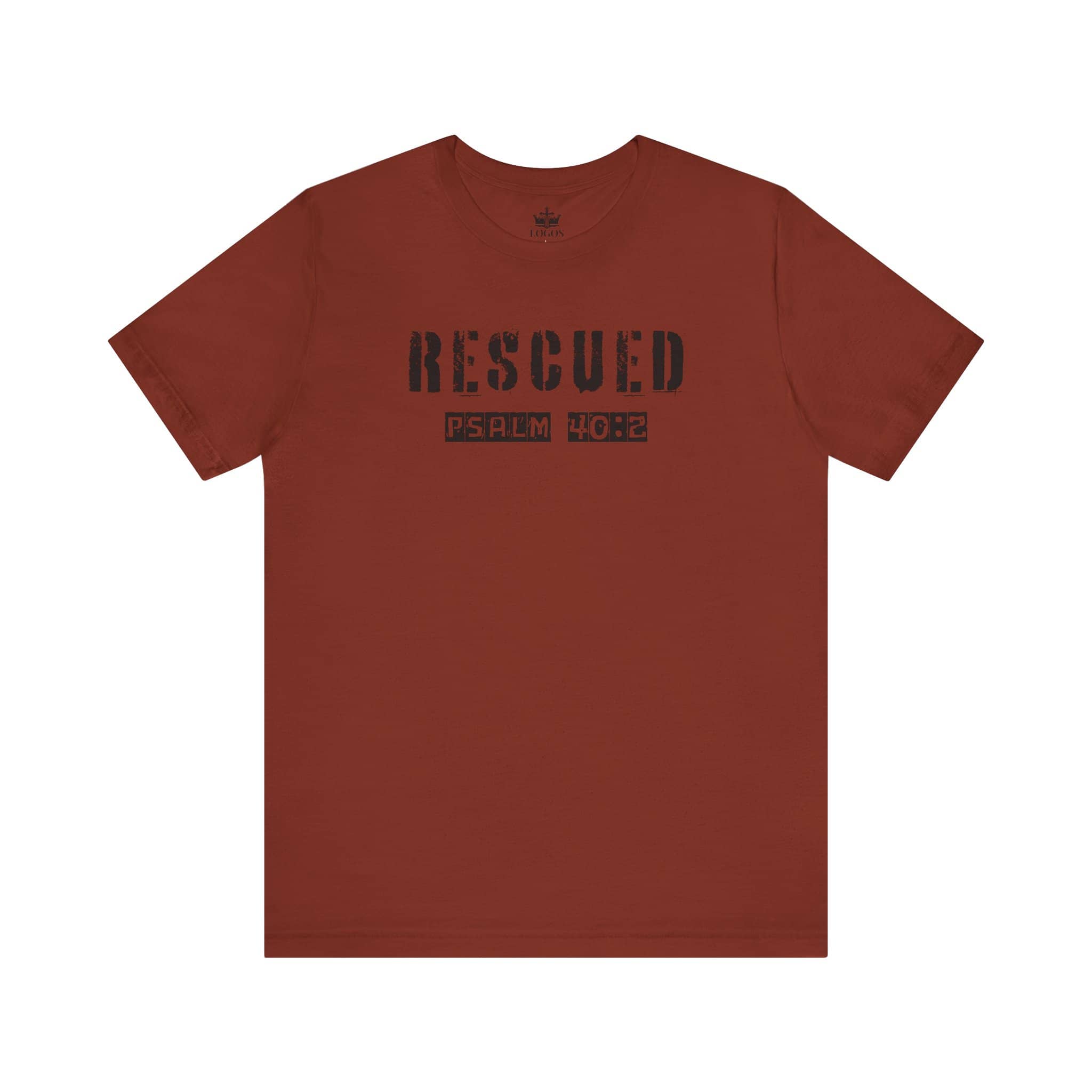 Logos Christian graphic t shirt in brown with Rescued Psalm 40:2 text design