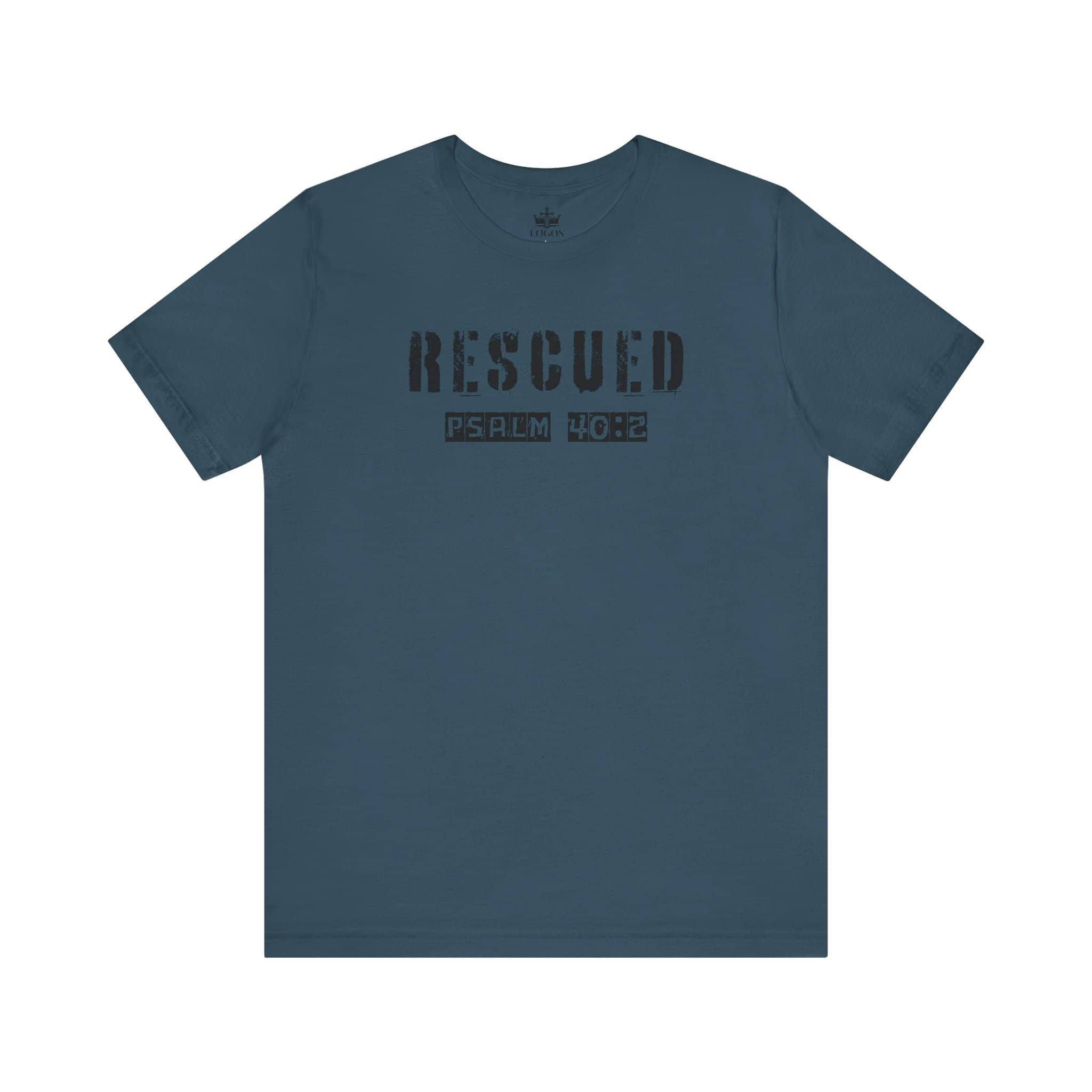 Logos Christian graphic t shirt in dark blue with Rescued Psalm 40:2 text design