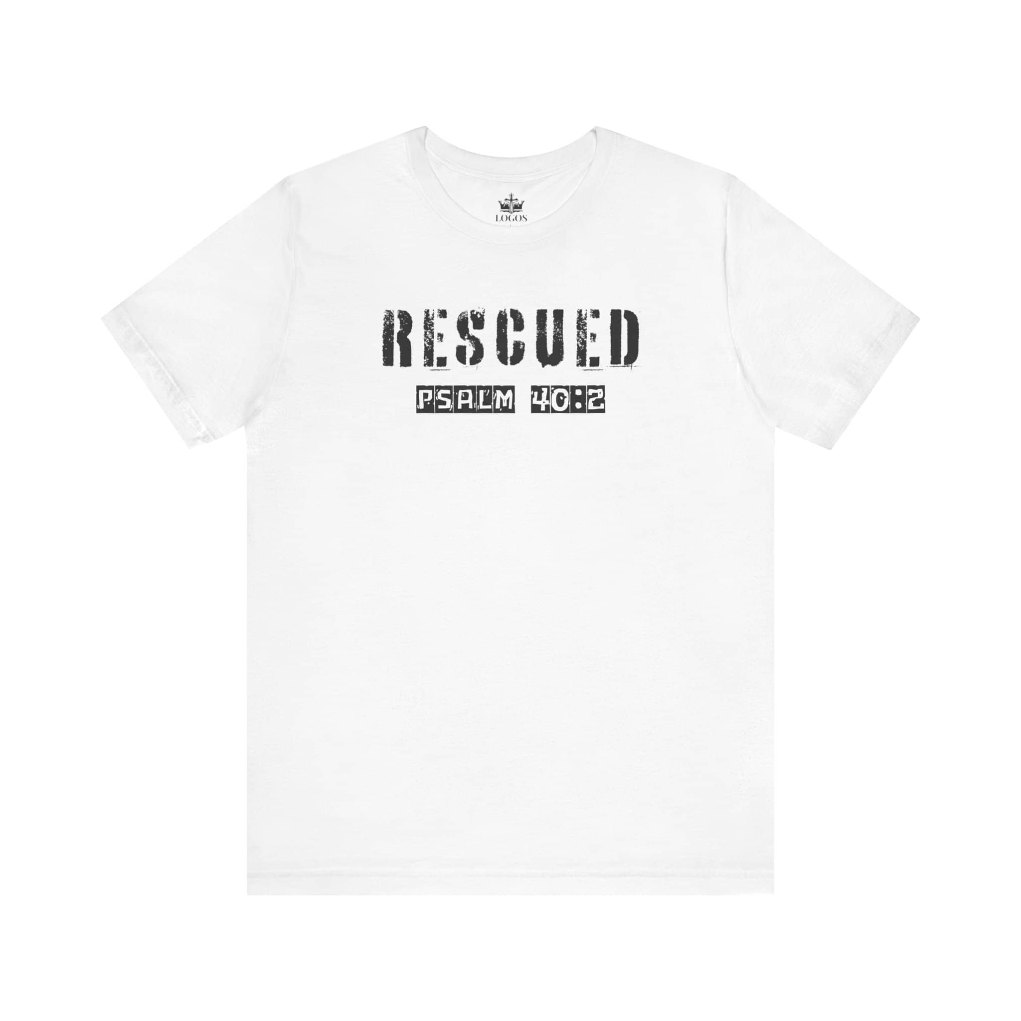White Logos Christian graphic t shirt with distressed Rescued Psalm 40:2 text design