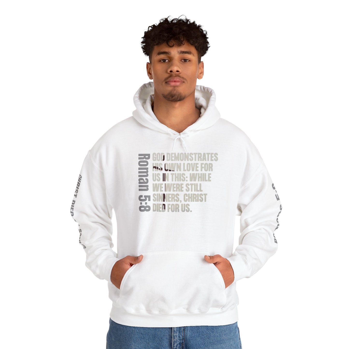 White Romans 5:8 faith hoodie by Logos Co. with scripture text printed on front and sleeves