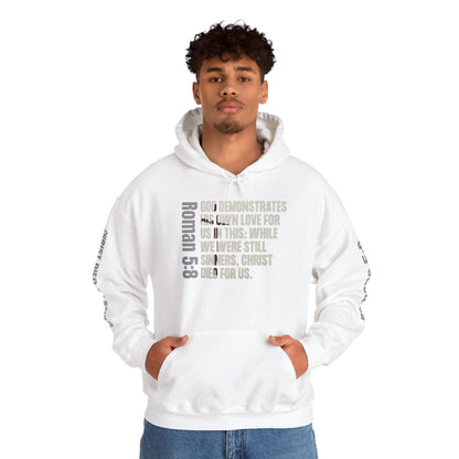 White Romans 5:8 faith hoodie by Logos Co. with scripture text printed on front and sleeves