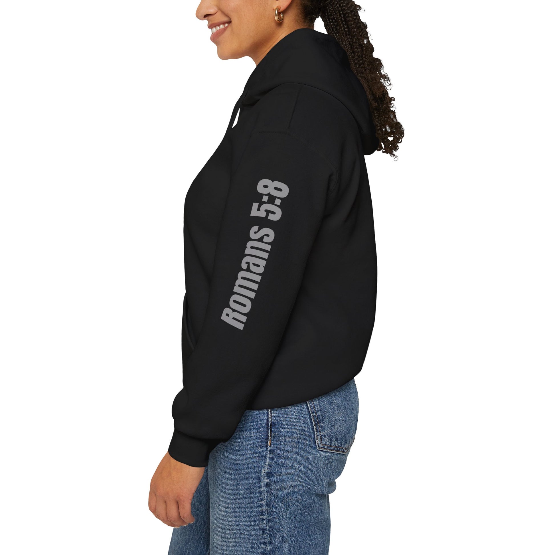 Black hoodie by Logos with Romans 5:8 sleeve design