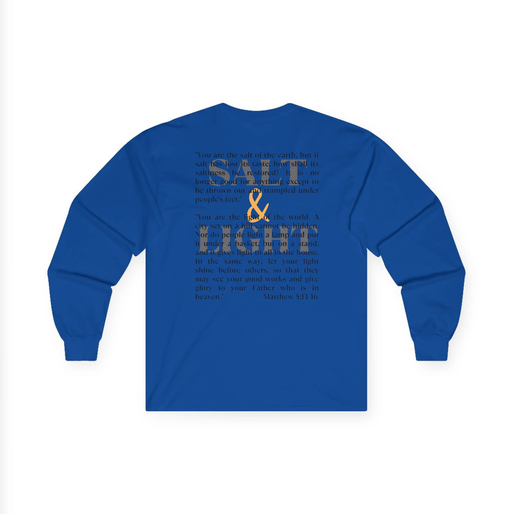 Salt and Light Bible verse long sleeve shirt in blue featuring a scripture design on the back