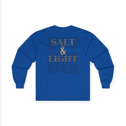Salt and Light Bible verse long sleeve shirt in blue featuring a scripture design on the back