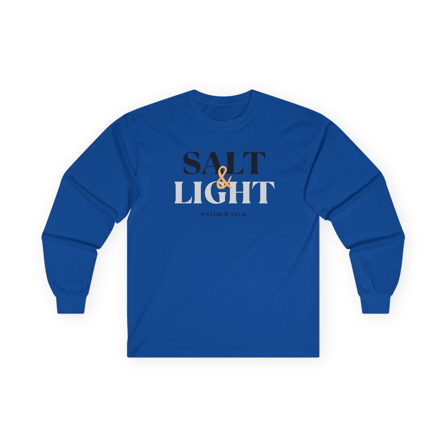 Salt and Light Bible verse long sleeve shirt in blue featuring a motivational design