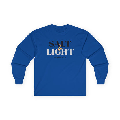 Salt and Light Bible verse long sleeve shirt in blue featuring a motivational design