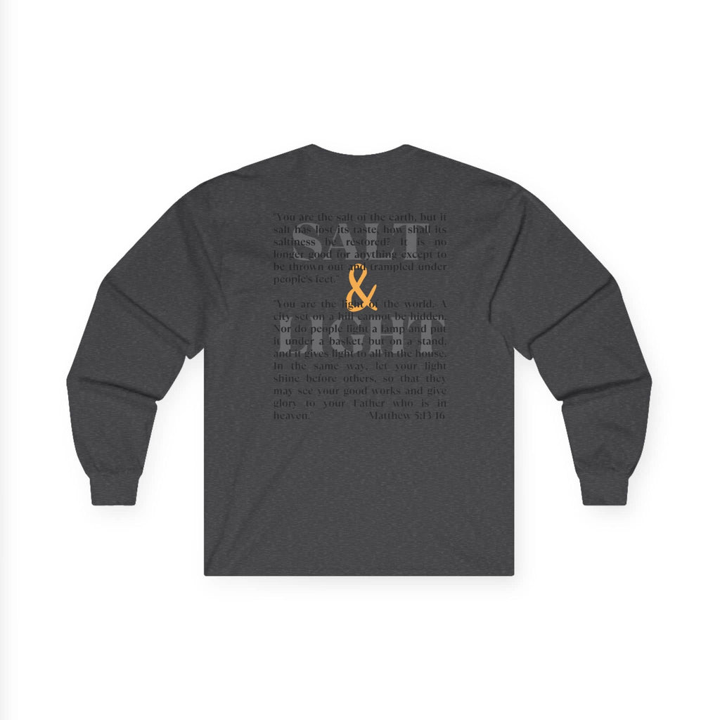 Salt and Light Bible verse long sleeve shirt in black with unique text design
