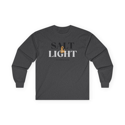 Salt and Light Bible verse long sleeve shirt in dark gray with a modern design