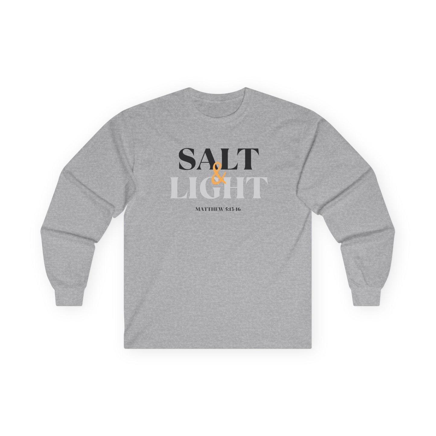 Salt and Light Bible verse long sleeve shirt in gray featuring a stylish design and comfortable fit