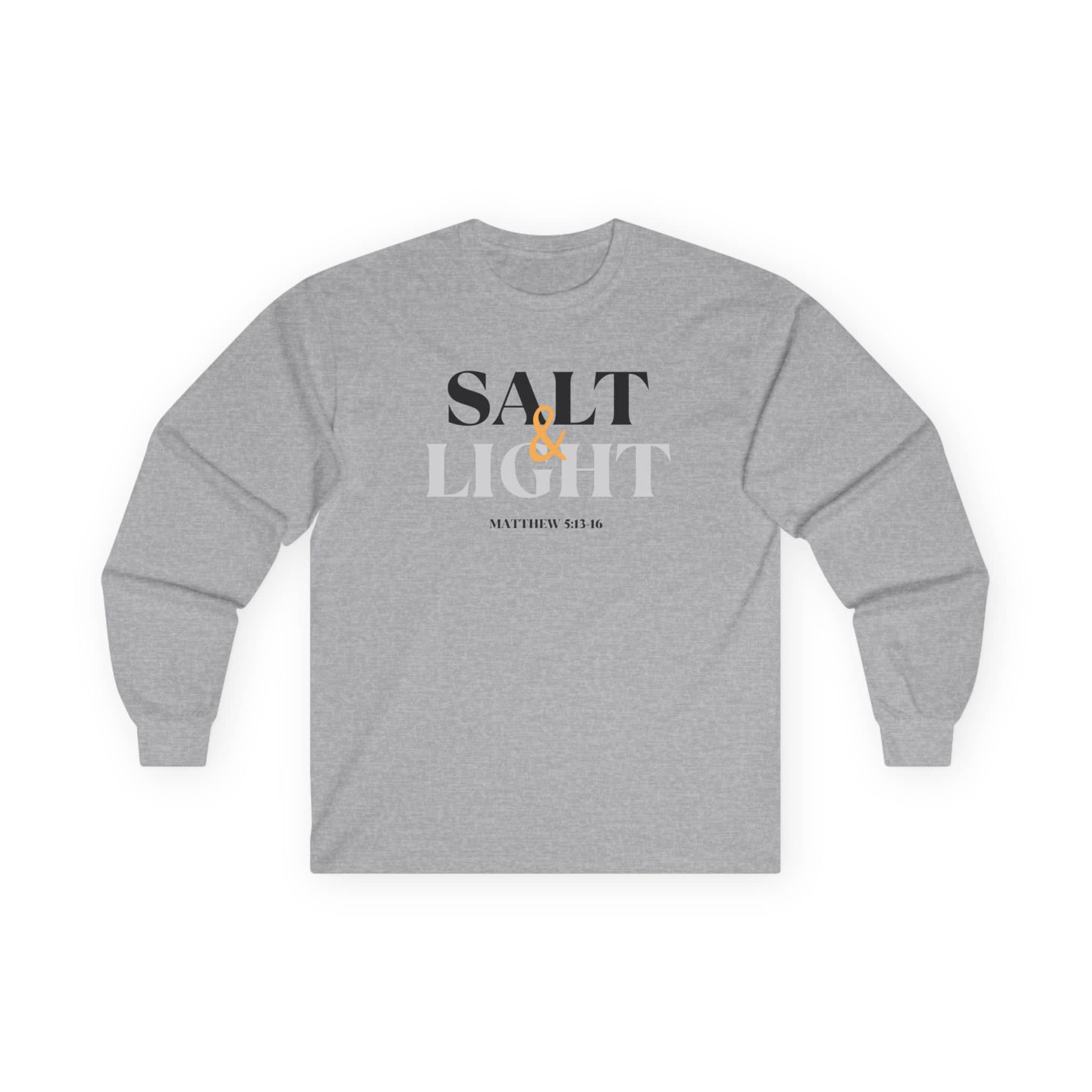 Salt and Light Bible verse long sleeve shirt in gray featuring a stylish design and comfortable fit