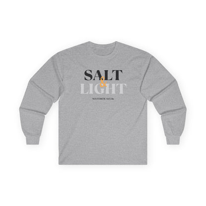Salt and Light Bible verse long sleeve shirt in gray featuring a stylish design and comfortable fit