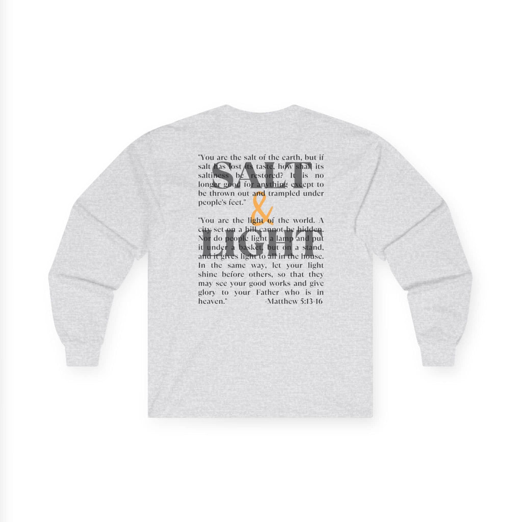 Salt and Light Bible verse long sleeve shirt with inspirational text in gray fabric