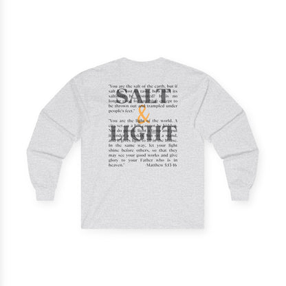 Salt and Light Bible verse long sleeve shirt with inspirational text in gray fabric