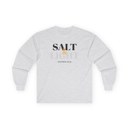 Salt and Light Bible verse long sleeve shirt featuring bold text and a comfortable fit
