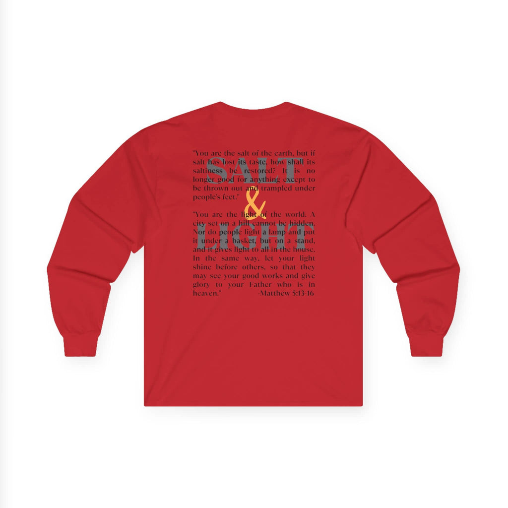 Red Salt and Light Bible verse long sleeve shirt featuring Matthew 5 13 16 text design