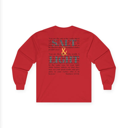 Red Salt and Light Bible verse long sleeve shirt featuring Matthew 5 13 16 text design