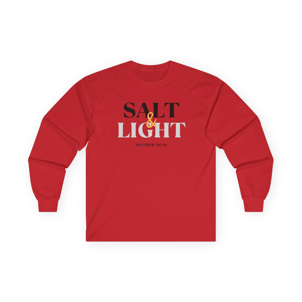 Red Salt and Light Bible verse long sleeve shirt featuring Matthew 5:13-16 for a stylish faith statement