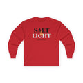 Red Salt and Light Bible verse long sleeve shirt featuring Matthew 5:13-16 for a stylish faith statement