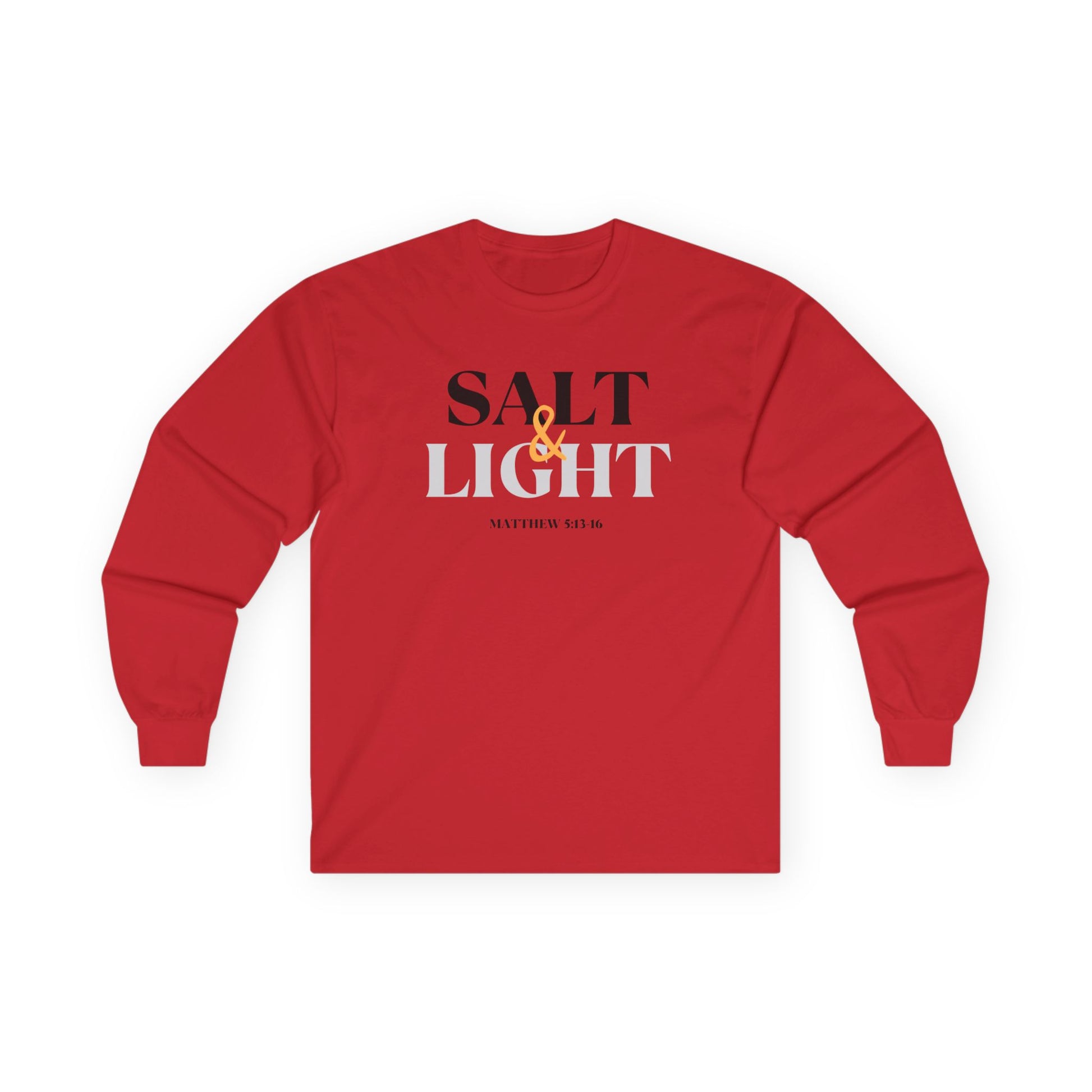 Red Salt and Light Bible verse long sleeve shirt featuring Matthew 5:13-16 for a stylish faith statement