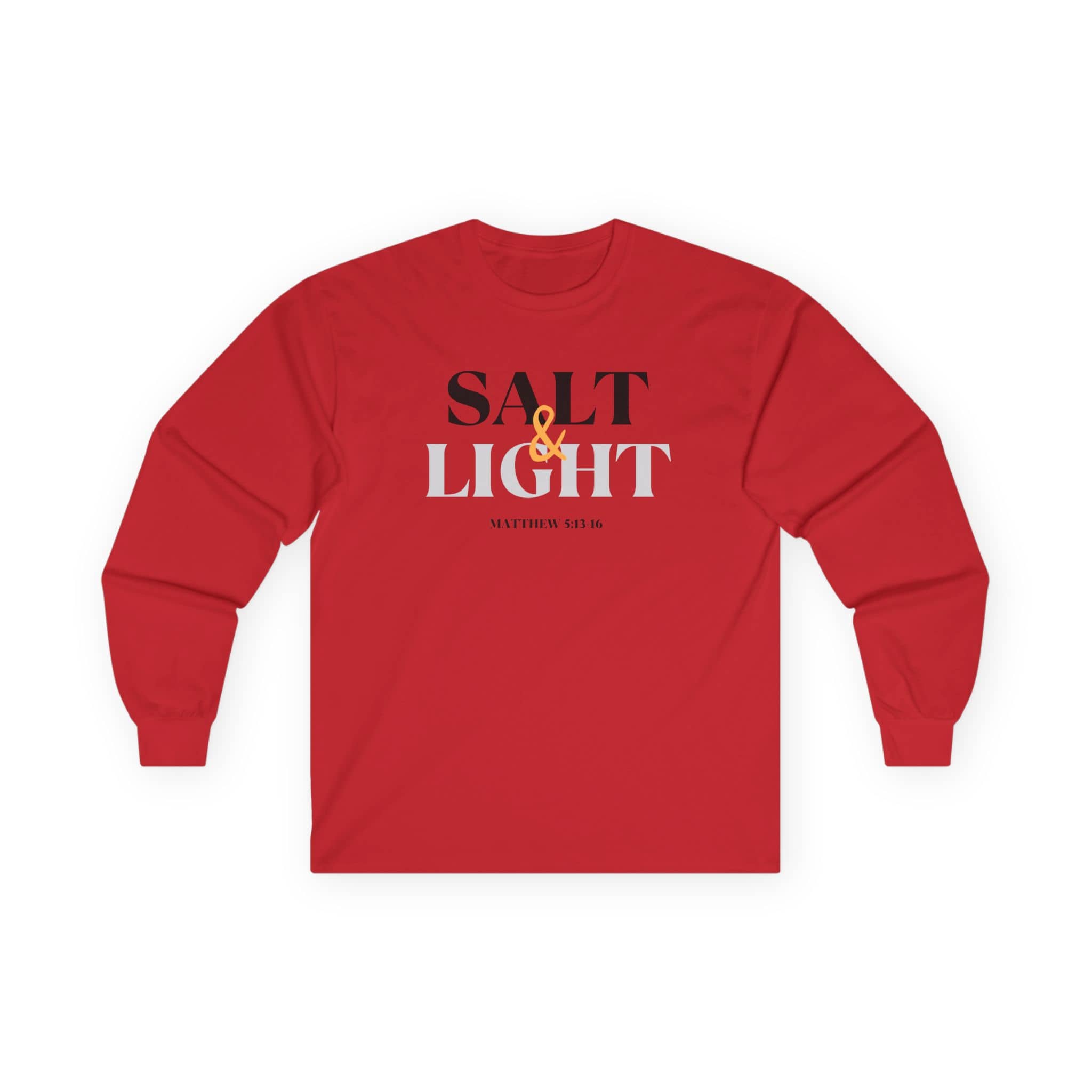 Red Salt and Light Bible verse long sleeve shirt featuring Matthew 5:13-16 for a stylish faith statement