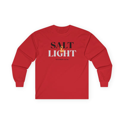 Red Salt and Light Bible verse long sleeve shirt featuring Matthew 5:13-16 for a stylish faith statement