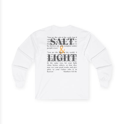 Salt and Light Bible verse long sleeve shirt featuring a motivational quote on the back
