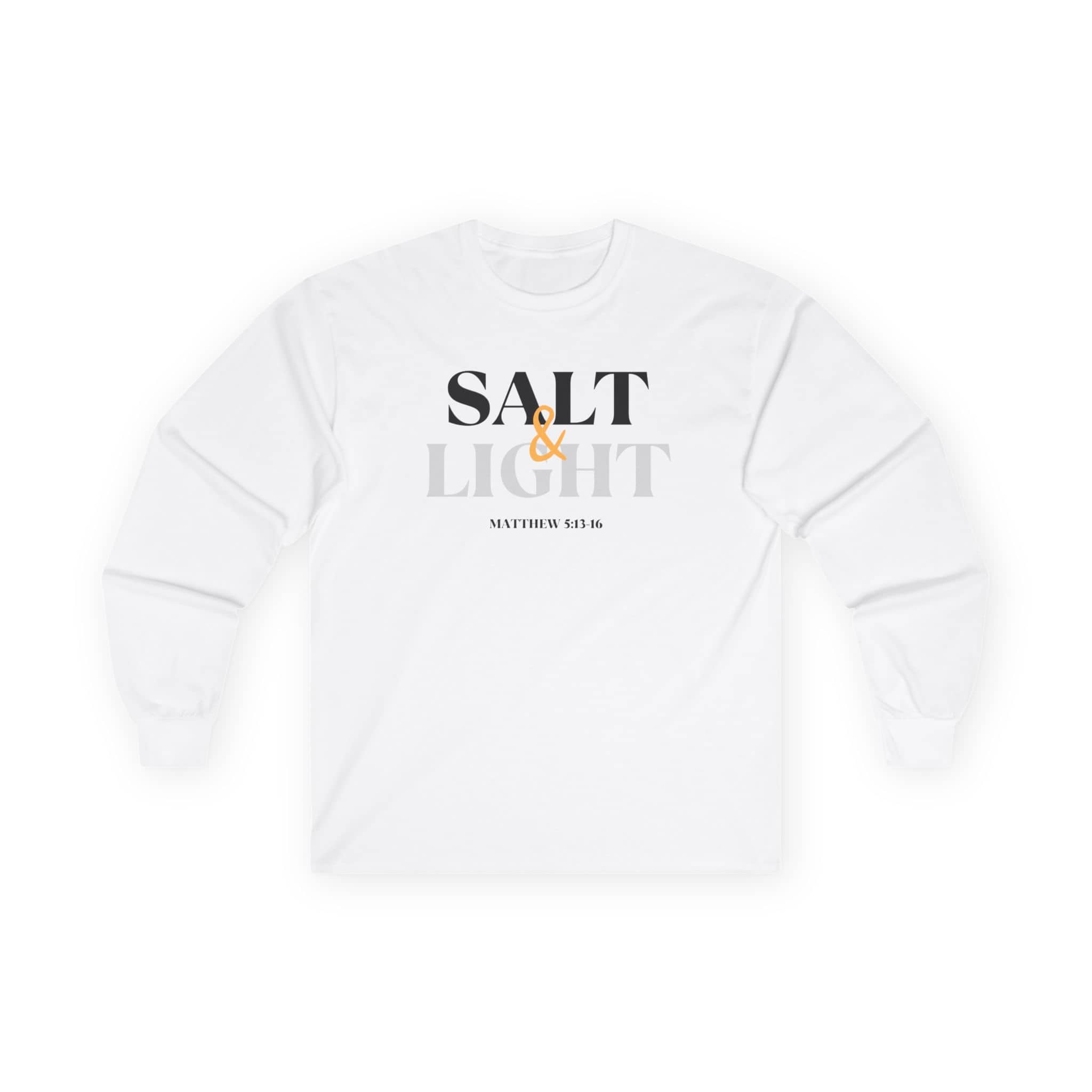 White Salt and Light Bible verse long sleeve shirt featuring Matthew 5:13-16 design