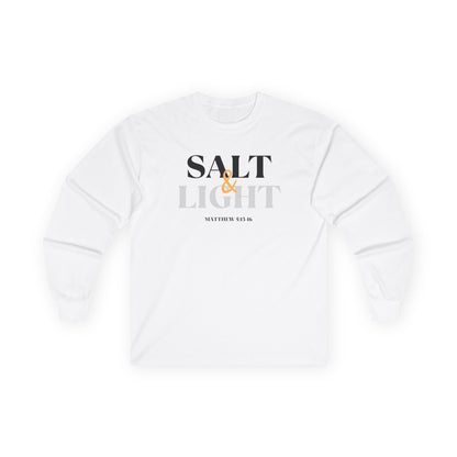White Salt and Light Bible verse long sleeve shirt featuring Matthew 5:13-16 design