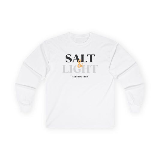 White Salt and Light Bible verse long sleeve shirt featuring Matthew 5:13-16 design