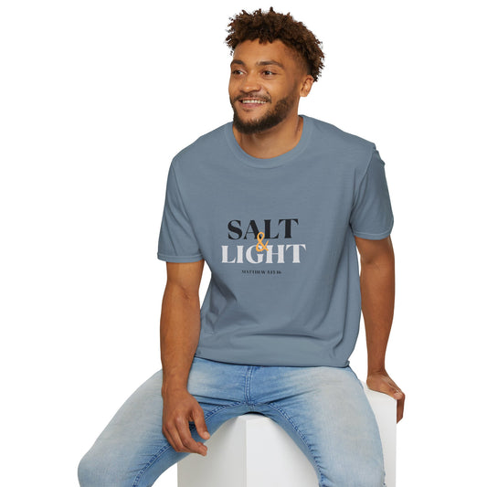 Salt & Light Christian Men's graphic shirt in blue with bold lettering for casual wear