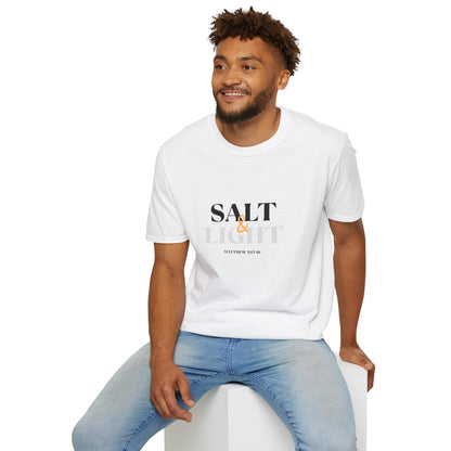 Salt & Light Christian Men's graphic shirt in white featuring Matthew 5:13 design