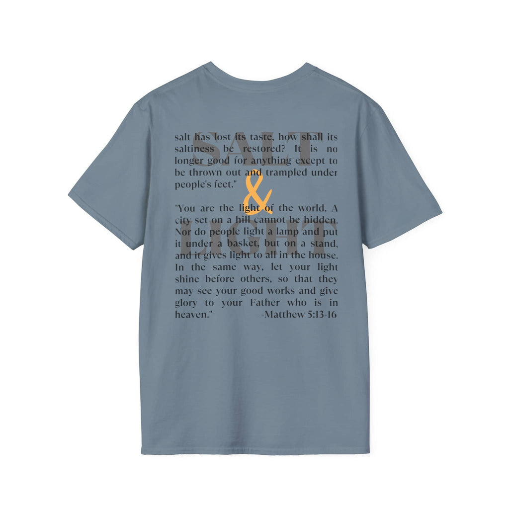 Salt & Light Christian Men's graphic t-shirt in blue featuring Matthew 5:13-16 quote and lamp design