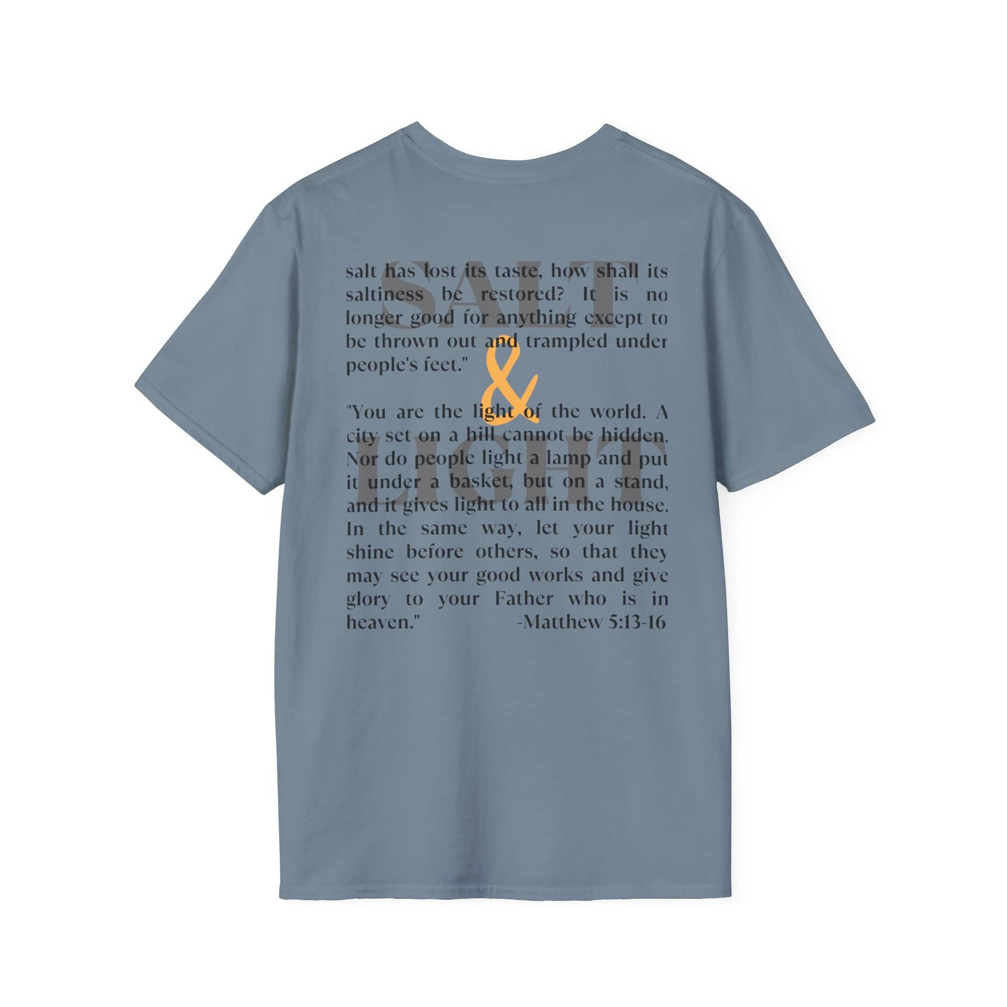 Salt & Light Christian Men's graphic t-shirt in blue featuring Matthew 5:13-16 quote and lamp design