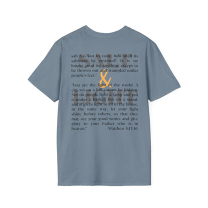 Salt & Light Christian Men's graphic t-shirt in blue featuring Matthew 5:13-16 quote and lamp design