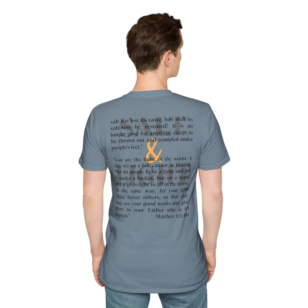 Salt & Light Christian Men's graphic t-shirt in blue with inspirational Bible verse on the back