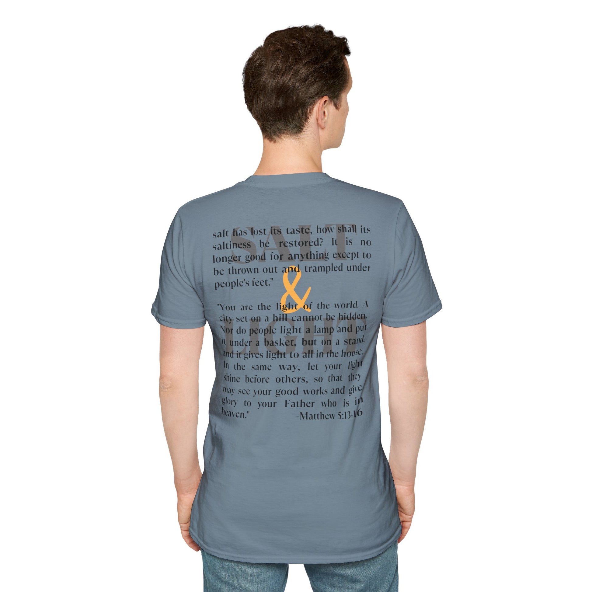 Salt & Light Christian Men's graphic t-shirt in blue with inspirational Bible verse on the back
