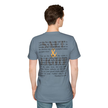 Salt & Light Christian Men's graphic t-shirt in blue with inspirational Bible verse on the back