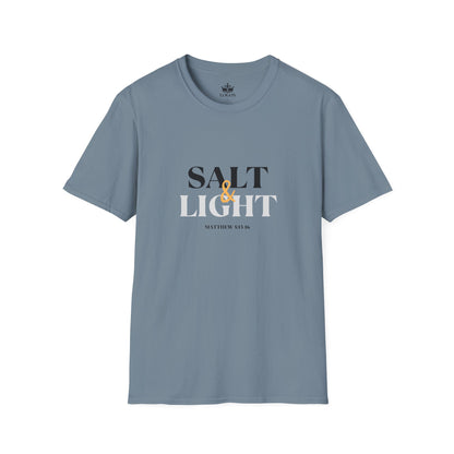 Salt & Light Christian Men's graphic t-shirt in blue featuring Matthew 5:13 text design