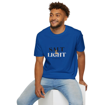 Salt & Light Christian Men's graphic t-shirt in blue worn by a model for casual style
