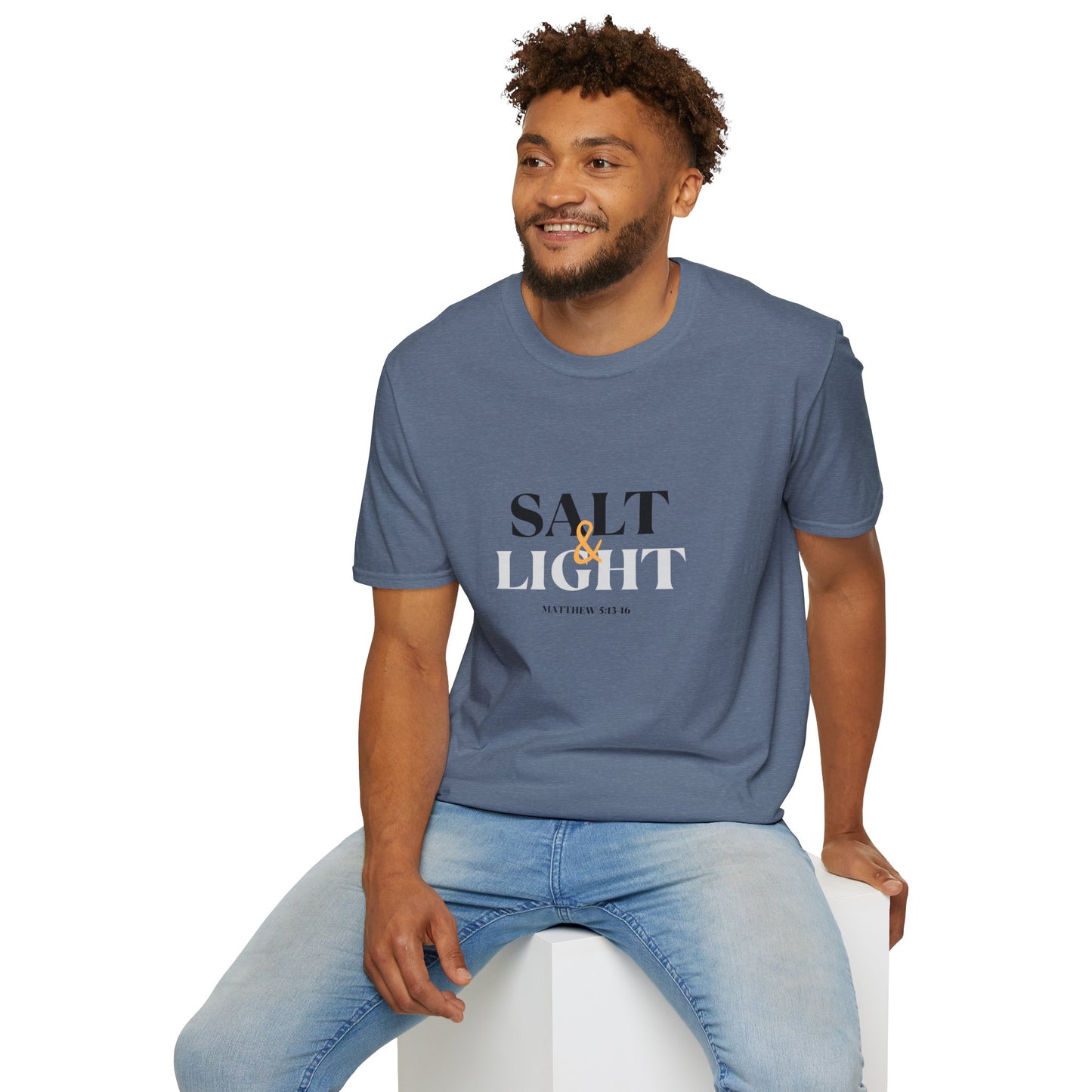 Salt & Light Christian Men's graphic t-shirt in blue, featuring bold lettering and a comfortable fit