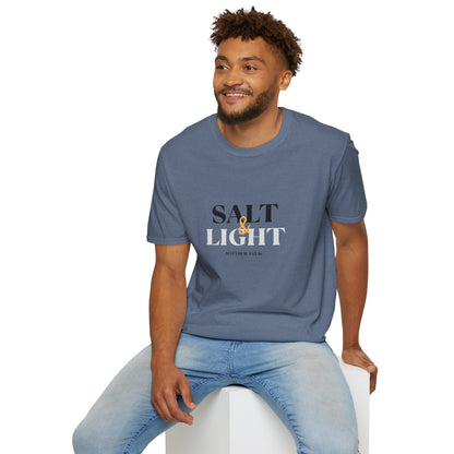 Salt & Light Christian Men's graphic t-shirt in blue, featuring bold lettering and a comfortable fit